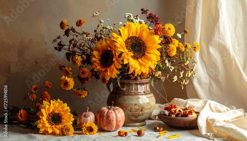 Wallpaper Mural Autumn floral arrangements (sunflowers, chrysanthemums, dried flowers).
 Torontodigital.ca