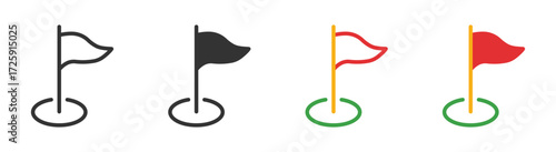 Red golf flag icon set, Golf course green with flag or flagstick icon,  for sports apps and websites, Vector  illustration