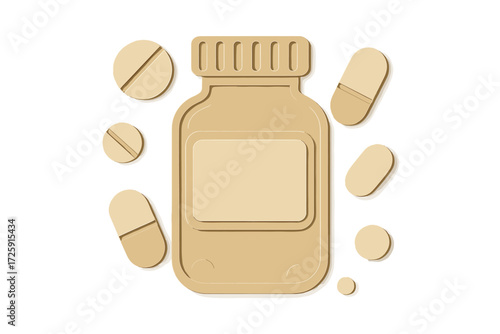 Minimalist medicine bottle and pills in paper cut style on gradient background