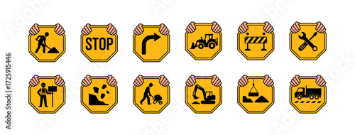 Yellow Construction and Roadwork Warning Signs Set with Traffic Safety Symbols Held by Hands Vector Illustration