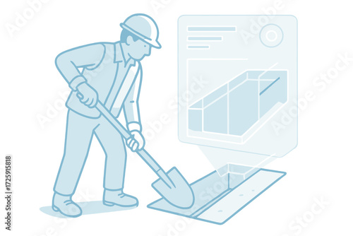 Innovative construction worker with augmented reality blueprint in glowing hologram style