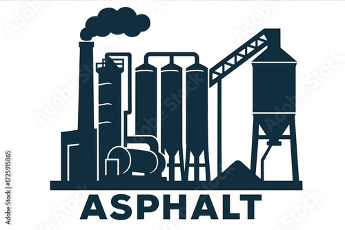 Industrial silhouette of asphalt manufacturing plant with smoke stack design