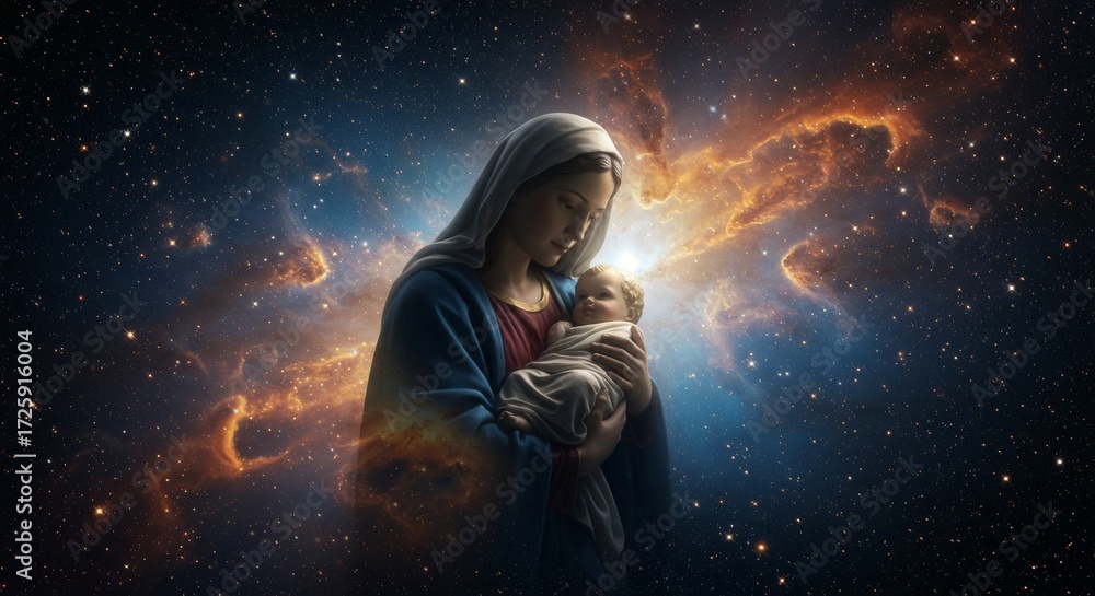 Fototapeta premium The Virgin Mary holding Baby Jesus in front of a nebula backdrop