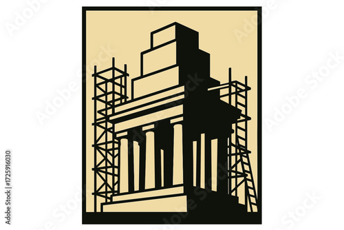 Silhouette of temple under renovation with scaffolding in minimalist design