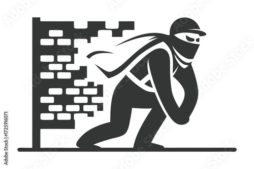 Shrouded silhouette emerges through a destructed brick wall, a striking statement in monochromatic tones