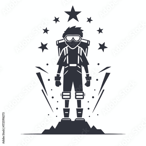 Silhouette adventurer with backpack stands on mountain under stars signifying achievement, available