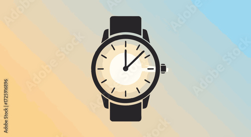 A sleek, modern wristwatch with a classic analog face, presented against a vibrant, abstract gradient background, symbolizing punctuality and style