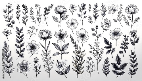 Collection of Hand-Drawn Monochrome Floral Elements: Flowers, Leaves, and Branches