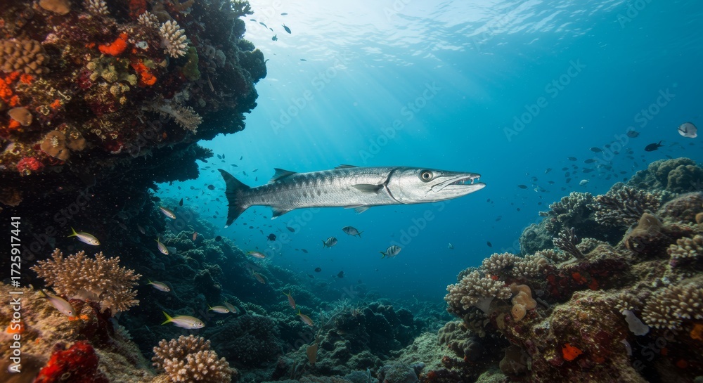 Obraz premium Barracuda cruising through a vibrant coral reef with sunlit waters
