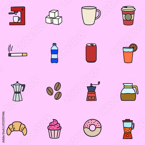 Minimalist food and drink icon set featuring coffee gear, pastries, and beverages.