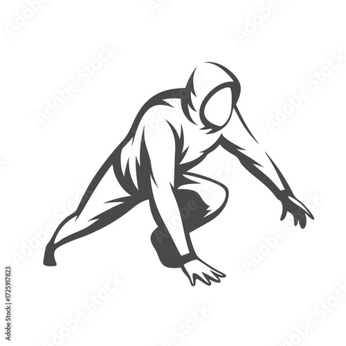 Silhouette illustration features a hooded figure crouching low, poised and alert, ready for action