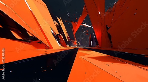 Abstract Orange and Black Geometric Corridor Digital Art