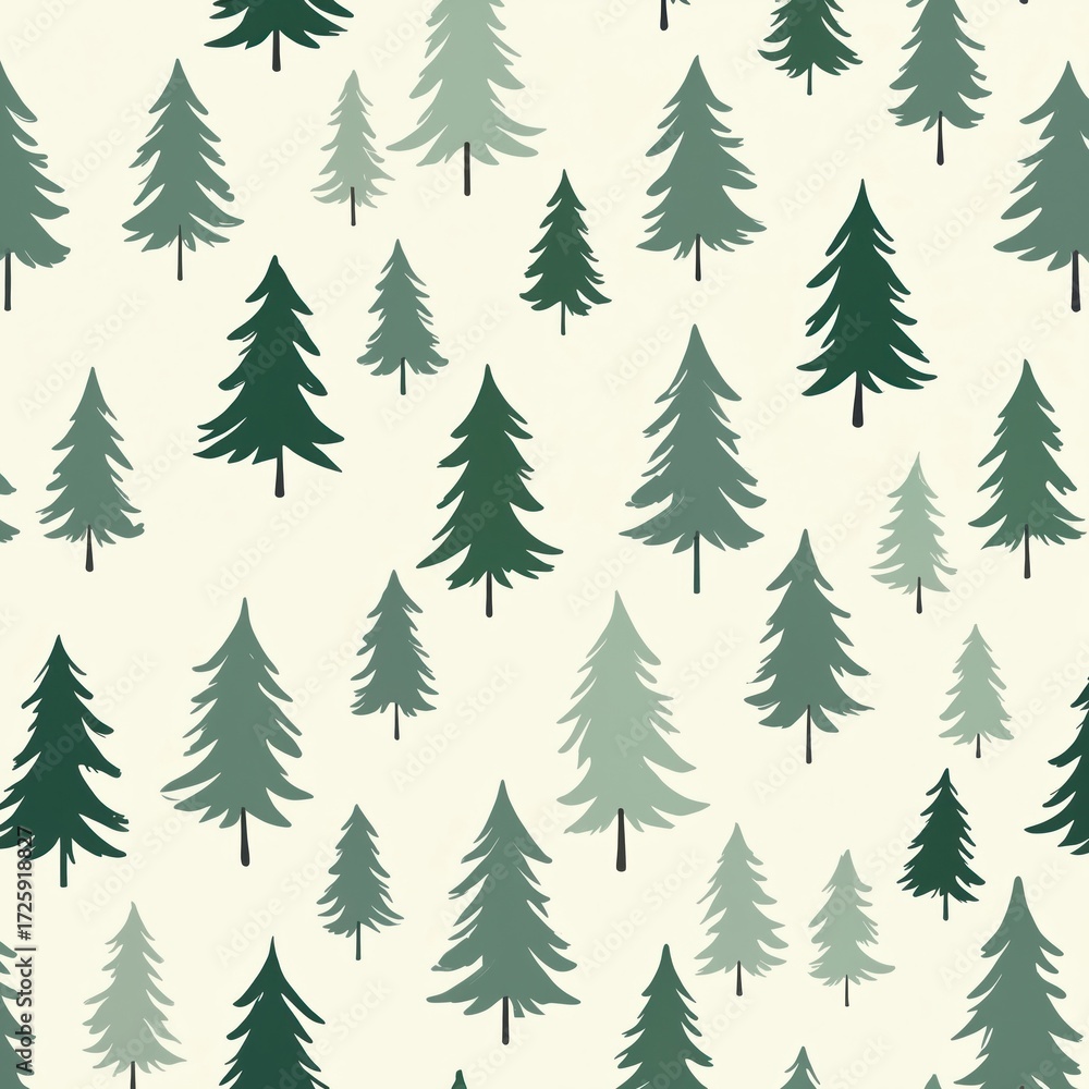 Obraz premium Seamless pattern of simple pine tree shapes in sage green on an background. This graphic illustration is perfect for fabric printing, wallpaper, or textile design, offering a natural woodland theme.