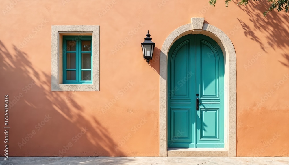 Fototapeta premium Illustration of peach stucco wall featuring vibrant teal door, small window. Architectural facade suggests classic European Italian aesthetic with rustic charm. Sunlight casts tree shadows on