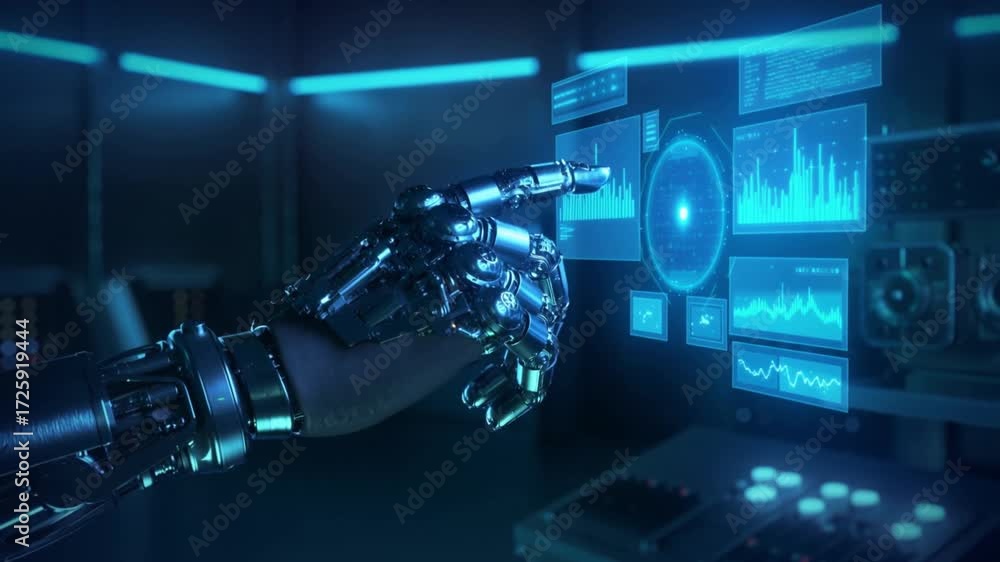  Mano robótica hiperrealista interactuando con una interfaz digital flotante.