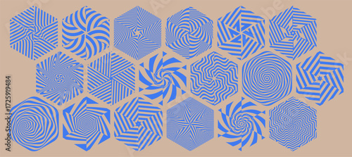 Abstract striped form. Hexagonal volumetric figure. Collection of graphic elements. Optical art. Design element, emblem or icon. Vector illustration.