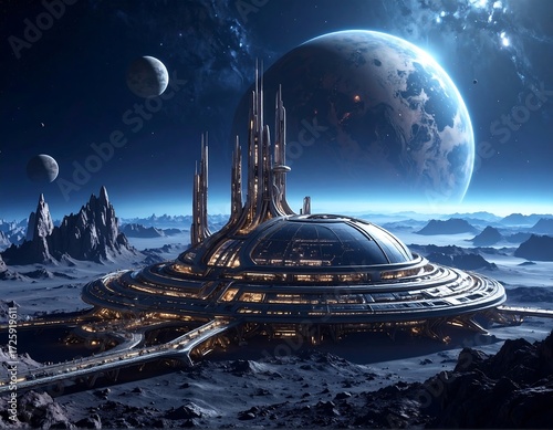 Fototapeta Naklejka Na Ścianę i Meble -  Futuristic space station on a desolate alien planet