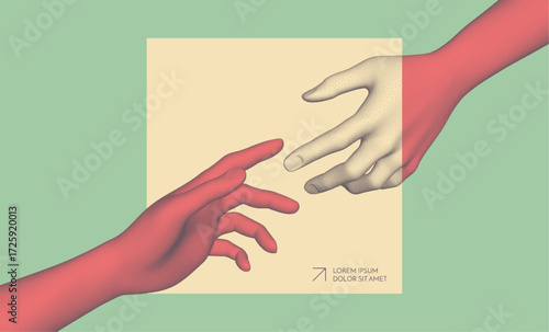 Hands reaching towards each other. Concept of human relation, togetherness or  partnership. 3D vector illustration. Design for banner, flyer, poster, cover or brochure.