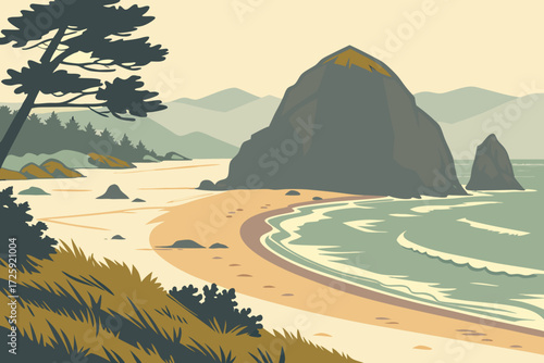 Cannon Beach in Oregon, sandy shoreline with iconic Haystack Rock rising from surf