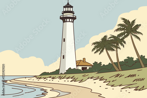 Cape Florida Lighthouse in Key Biscayne, Florida, historic white tower standing along sandy beach with palms