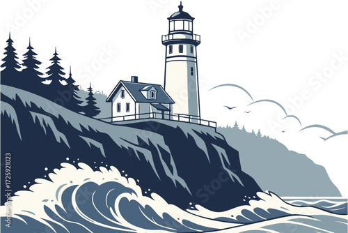Cape Disappointment Lighthouse in Washington, historic white tower on dramatic cliff with ocean waves below