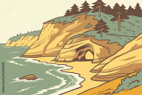 Cape Kiwanda Beach in Oregon, golden sands with sandstone cliffs and ocean waves