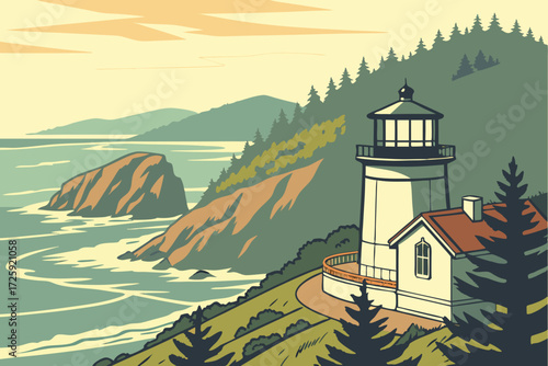 Cape Meares Lighthouse in Oregon, short white tower on cliff edge with panoramic Pacific Ocean views