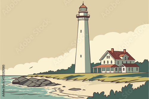 Cape May Lighthouse in New Jersey, tall white tower with Atlantic Ocean and Victorian town beyond