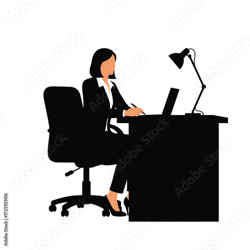A business professional working diligently at a desk with a lamp silhouette