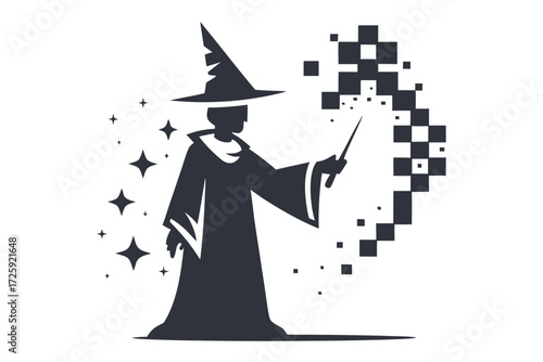 Silhouette of wizard casting spell with wand emitting pixelated squares and stars
