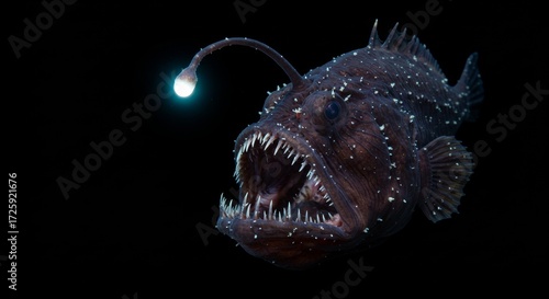 Detailed close-up of an anglerfish showcasing its bioluminescent lure and sharp teeth in dark underwater environment