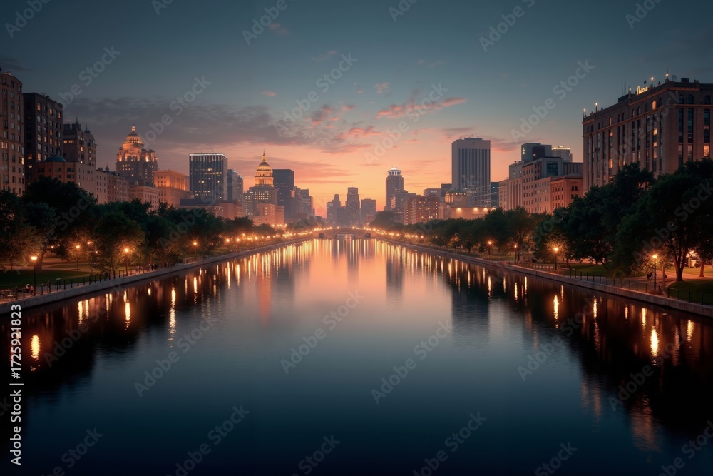 Naklejka premium A view of a city skyline at dusk from across a river