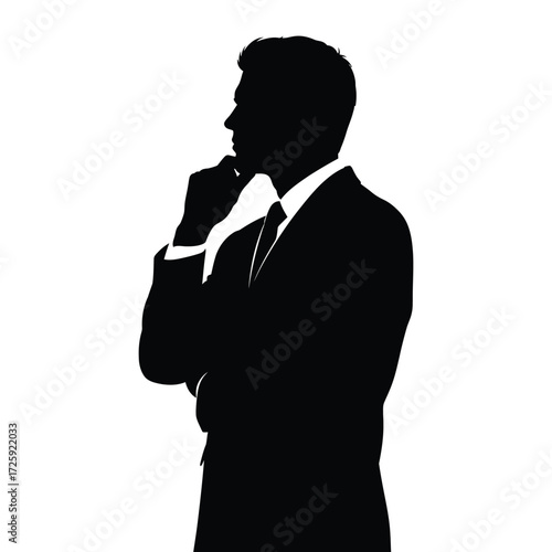 A thoughtful man in a suit hand to chin stark silhouette