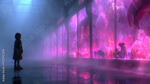 Wallpaper Mural A young girl gazes at a vibrant, otherworldly display of illuminated stuffed animals in a mystical, foggy hall. Torontodigital.ca