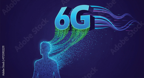 The Future of Connectivity Depicted with Binary Code. Futuristic 6G Network Concept with Data Stream and Silhouette a vibrant blue background.