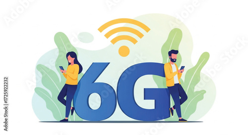 A man and a woman are holding a 6G  smartphone. A vibrant illustration showcasing the concept of 6G mobile technology.