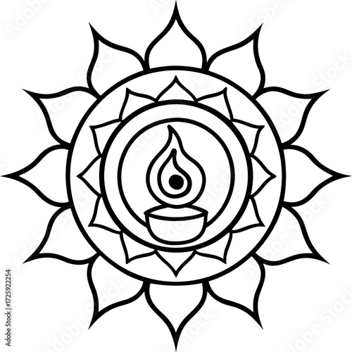 candle flame surrounded by spiral mandala line art illustration on transparent background