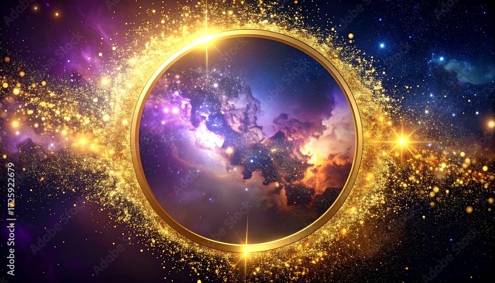 Obraz premium Golden ring framing a vibrant nebula in space