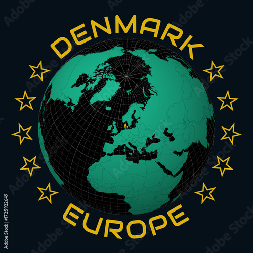 Denmark on Globe. Round country and continent name text. Country view on world map in Black Emerald color palette. Denmark shape on map. Trending vector illustration.
