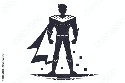 Silhouette presents a superhero with a powerful stance and flowing cape in simple monochrome