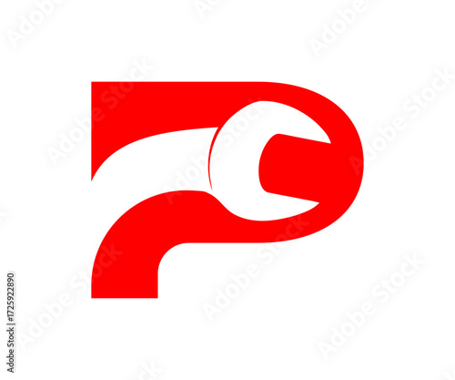 A red letter p with a wrench inside the shape