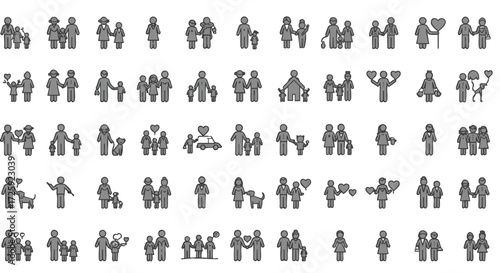 Pixel Art Family Icons A Diverse Collection of Human Figures and Relationships in Various Poses and Activities
