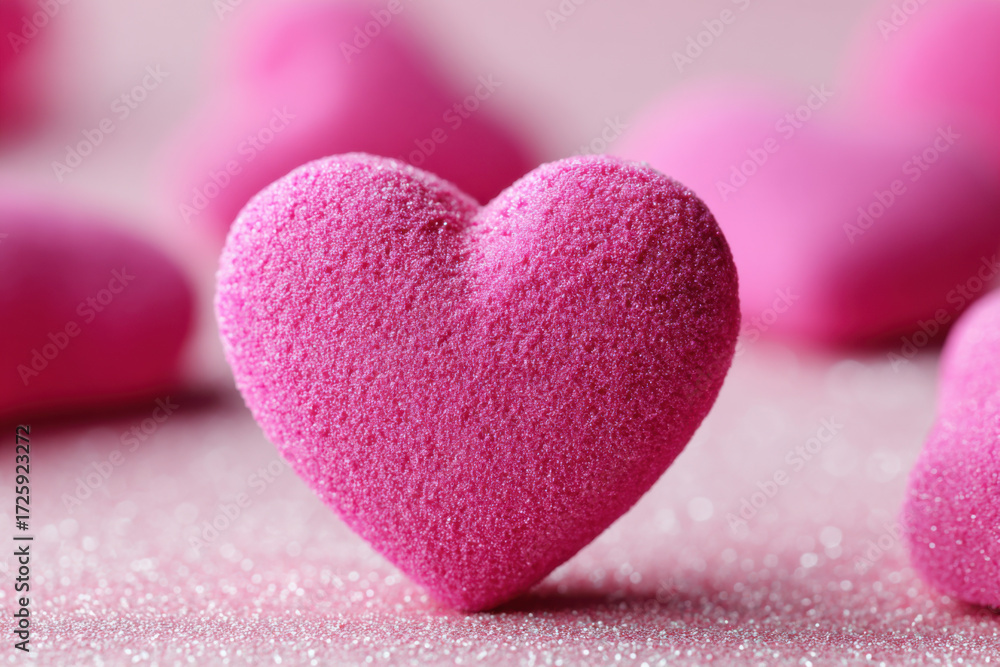 Fototapeta premium Bright pink heart-shaped candy on sparkling surface surrounded by smaller hearts in soft focus, ideal for celebrations or sweet gifts