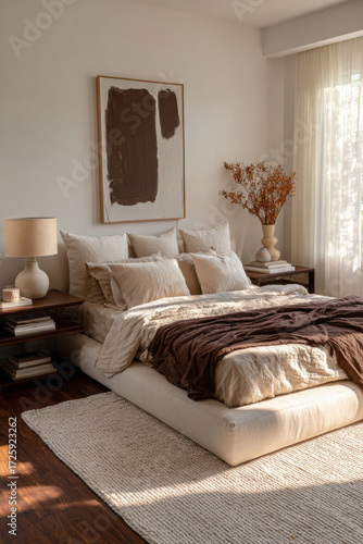 Cozy modern bedroom featuring soft neutral tones with layered bedding and natural decor elements in a sunlit space