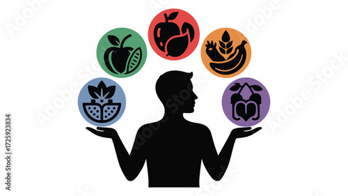 Vector art of silhouette of a person juggling colorful fruits and vegetables, a symbol of healthy eating and balanced diet concept