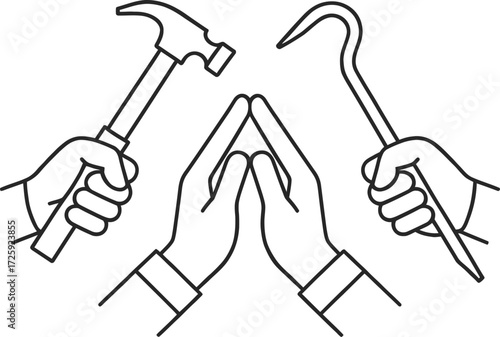 Quantum Labor Paradox – Minimalist Line Art of Hands with Tools Representing Work, Conflict, and Balance