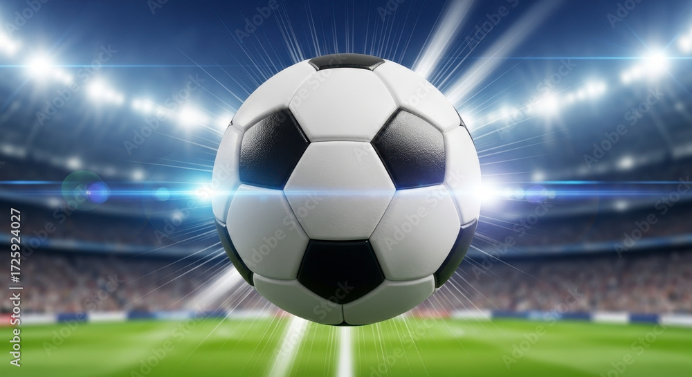 Naklejka premium Dynamic Football Stadium with Glowing Soccer Ball in the Center Stage