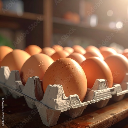 Fresh eggs in a carton, sunlight