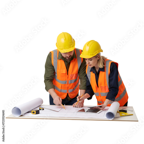 Construction Professionals Reviewing Blueprint 2026: Teamwork & Planning 2026, Isolated on Transparent Background