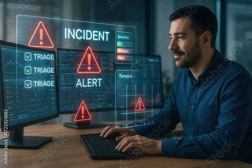 Incident management alert system for triage events office environment digital display professional viewpoint technology concept